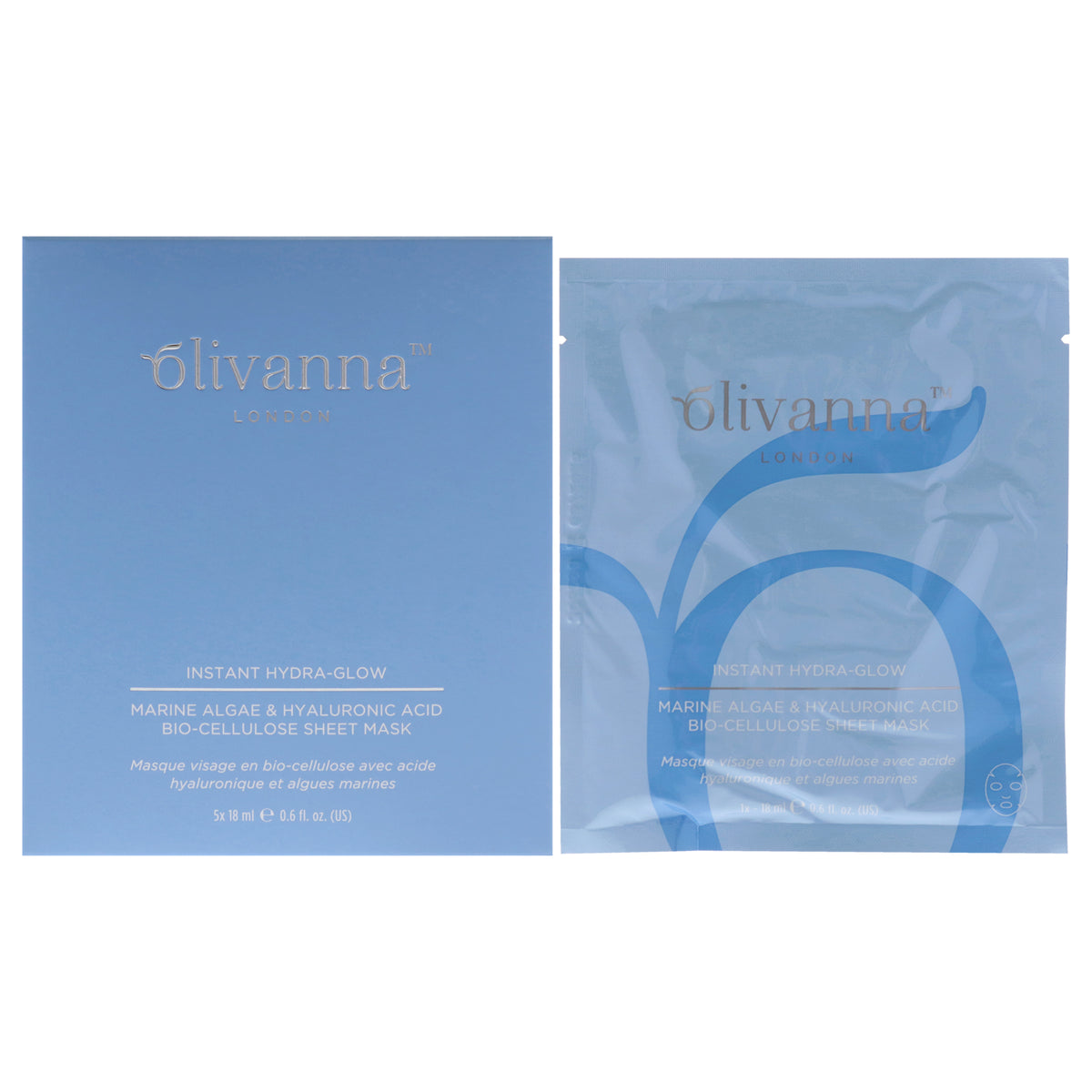 Instant HydraGlow Marine Algae And Hyaluronic Acid BioCellulose Sheet Mask by Olivanna for Women  5 x 06 oz Mask