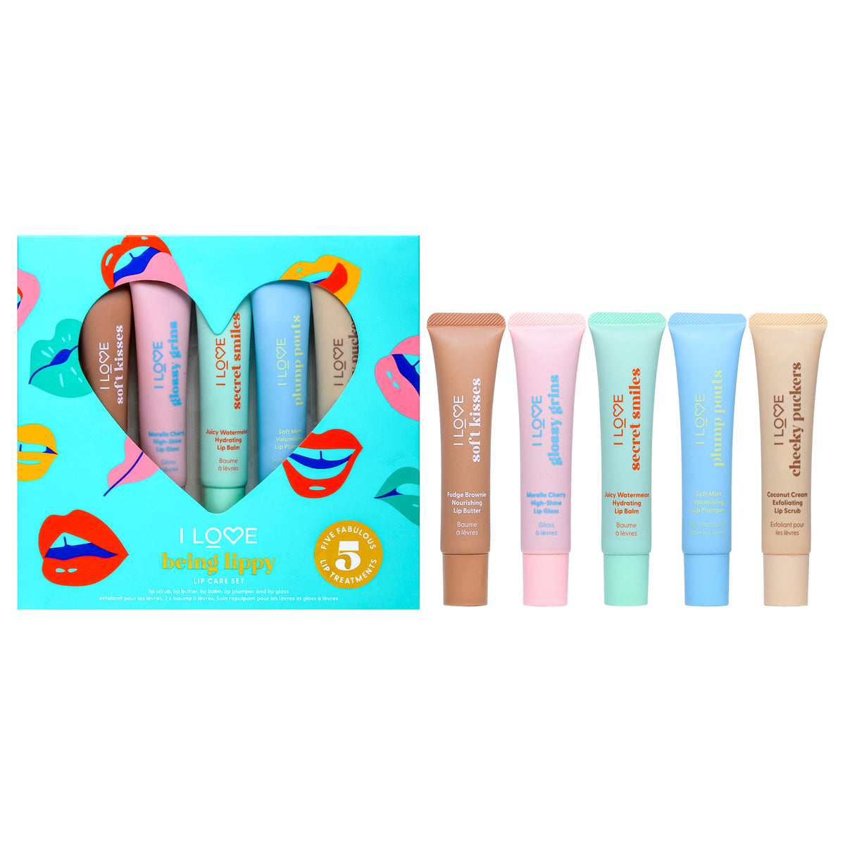 Being Lippy Lip Care Set by I Love Cosmetics for Women  5 Pc 05oz Cheeky Puckers Coconut Cream Exfoliating Lip Scrub  05oz So