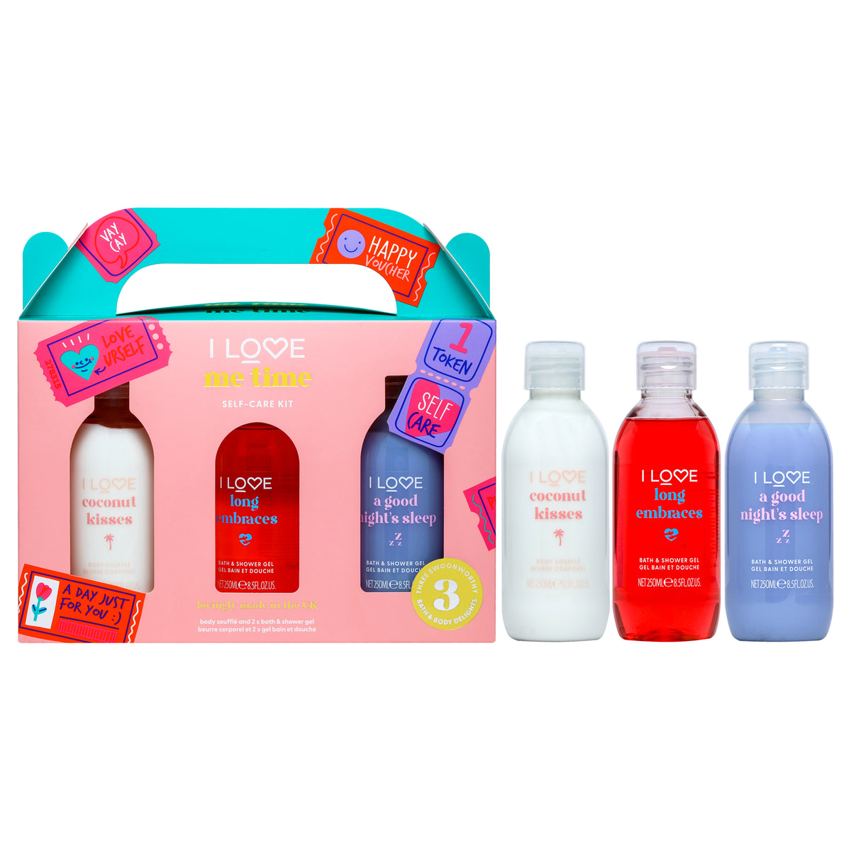 Me Time SelfCare Kit by I Love Cosmetics for Women  3 Pc 845oz Bath and Shower Gel  Coconut Kisses  845oz Bath and Shower G