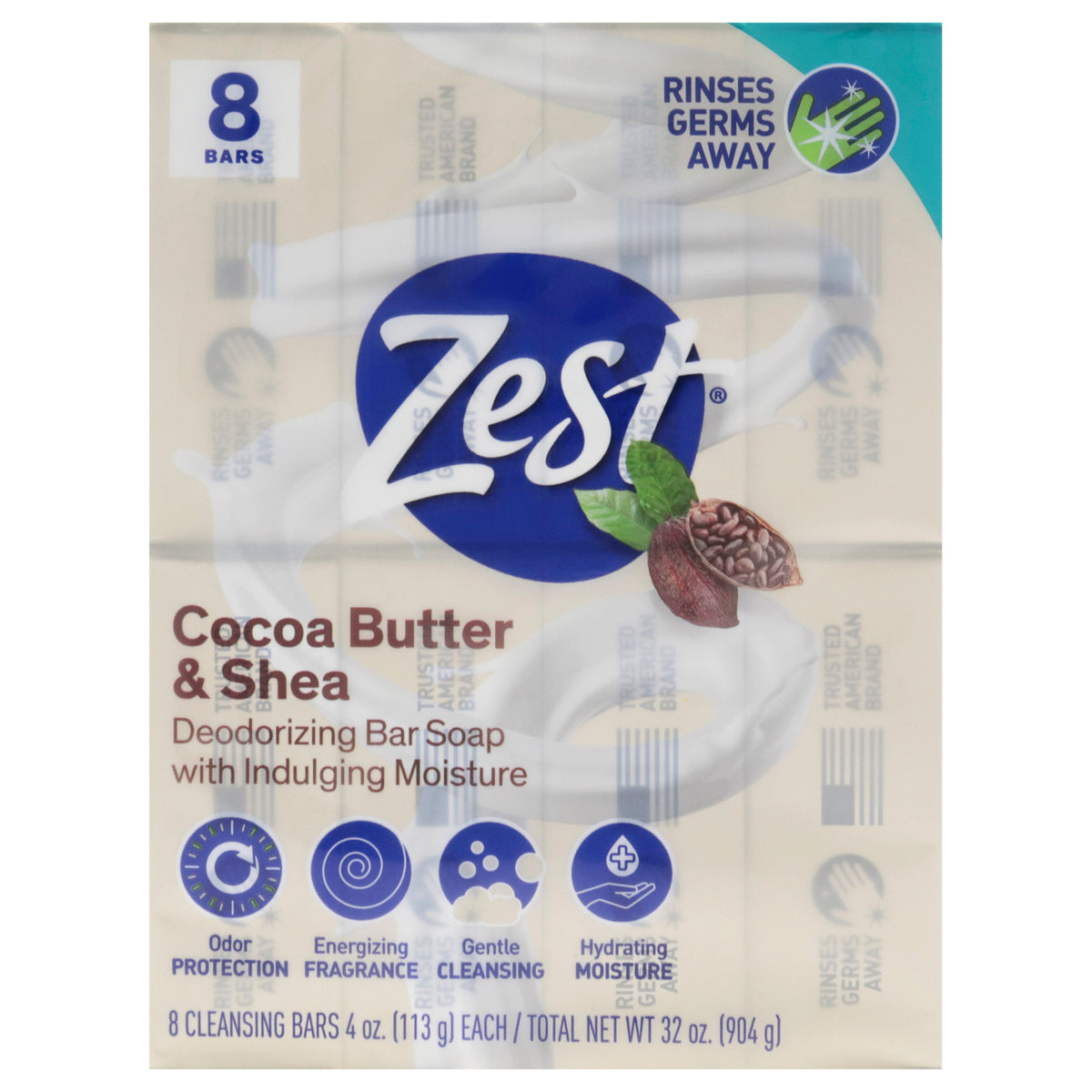 Deodorant Bar Soap  Cocoa Butter and Shea by Zest for Women  8 x 4 oz Bar Soap