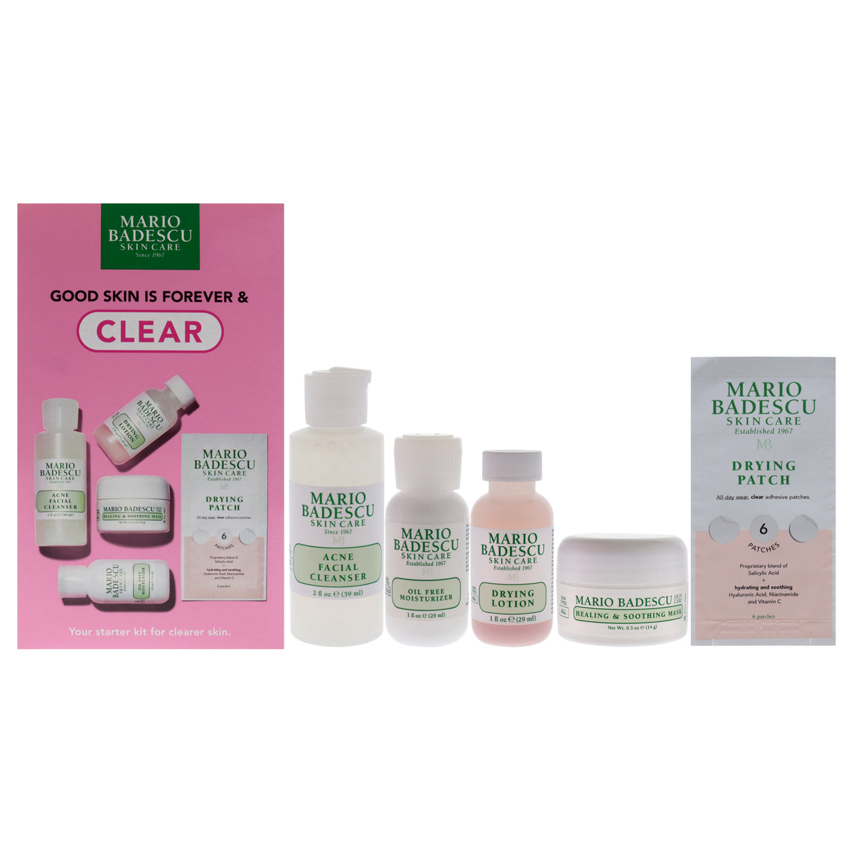 Good Skin Is Forever and Clear by Mario Badescu for Women  5 Pc 2oz Acne Facial Cleanser  1oz Oil Free Moisturizer  1oz Drying 