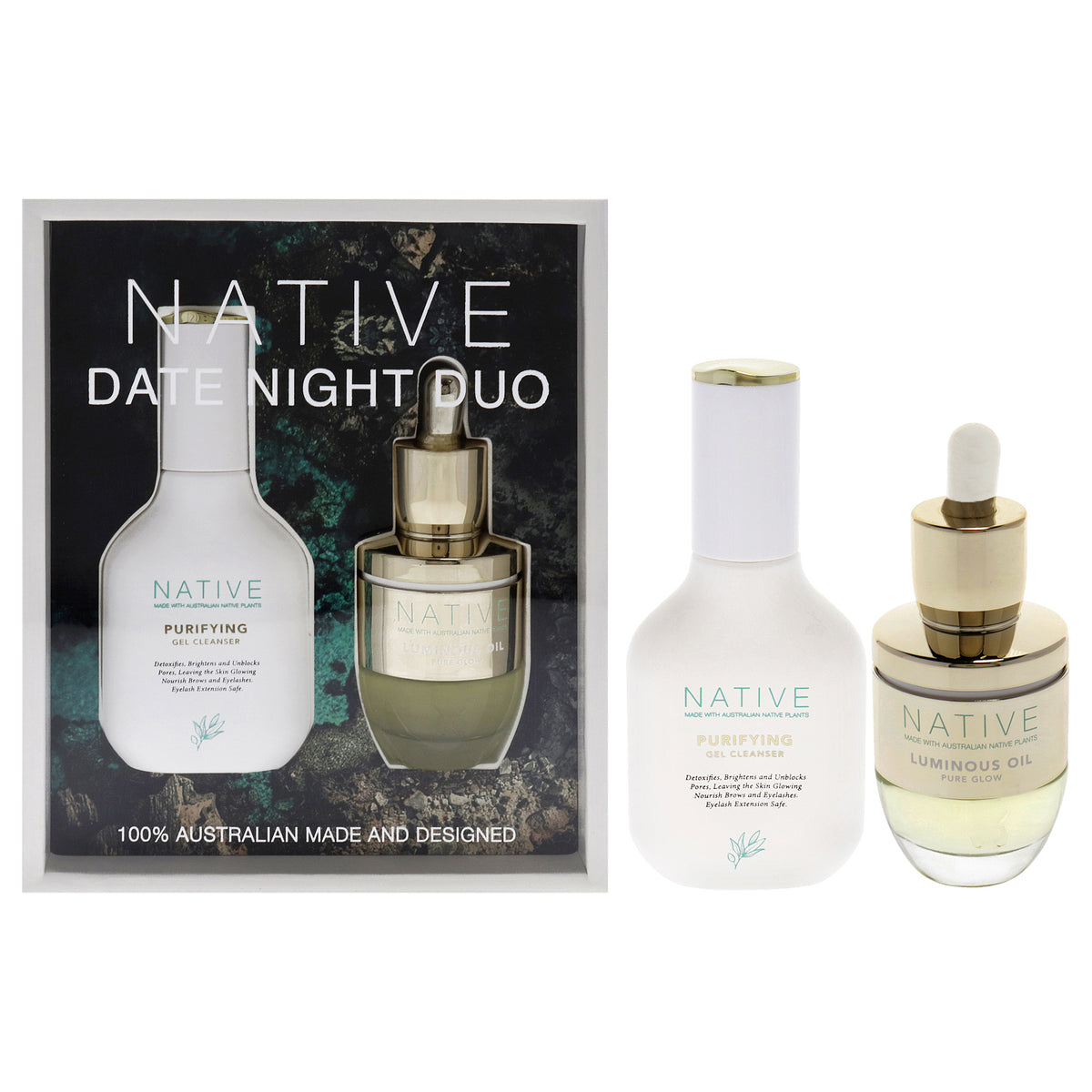 Native Date Night Duo by Klara for Women  2 Pc 135oz Purifying Gel Cleanser  1oz Luminous Oil Pure Glow