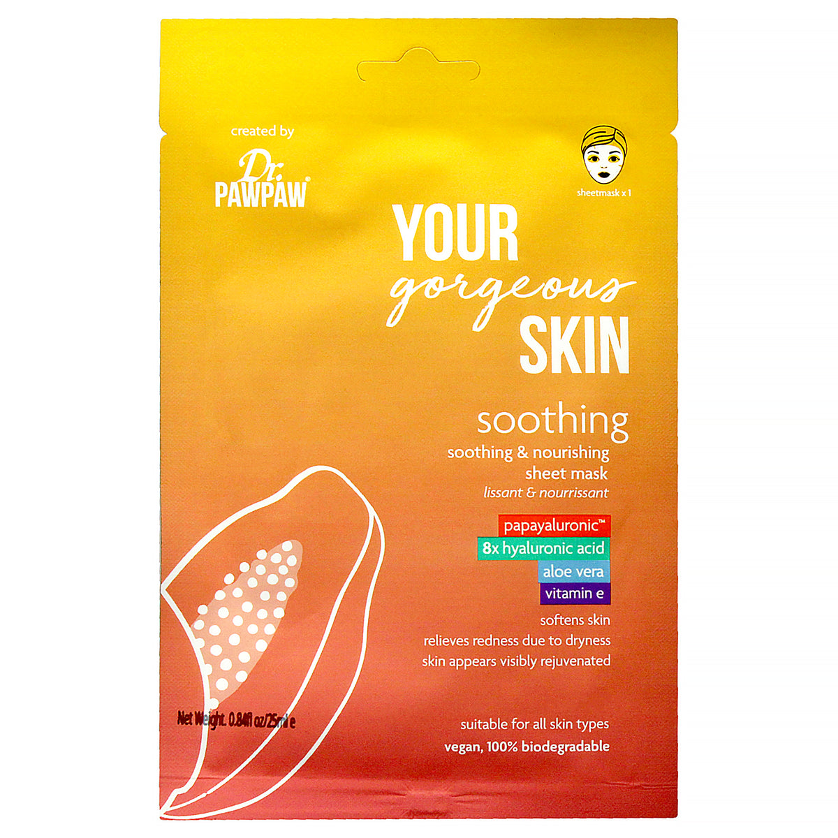 Your Gorgeous Skin Soothing Sheet Mask by Dr PawPaw for Unisex  084 oz Mask