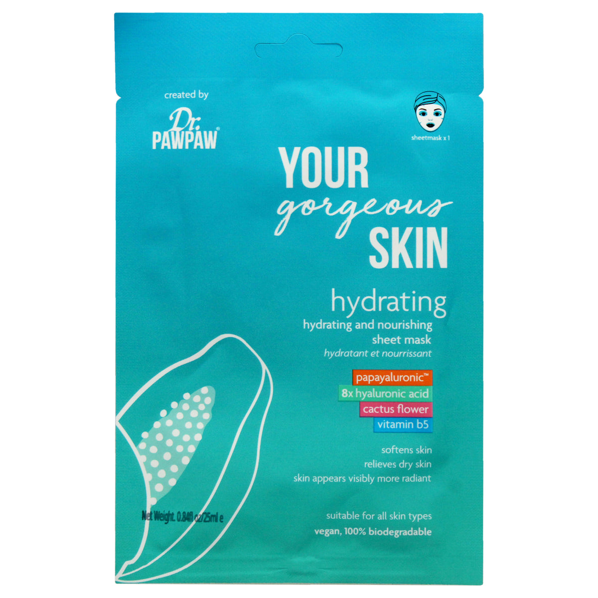 Your Gorgeous Skin Hydrating Sheet Mask by Dr PawPaw for Unisex  084 oz Mask