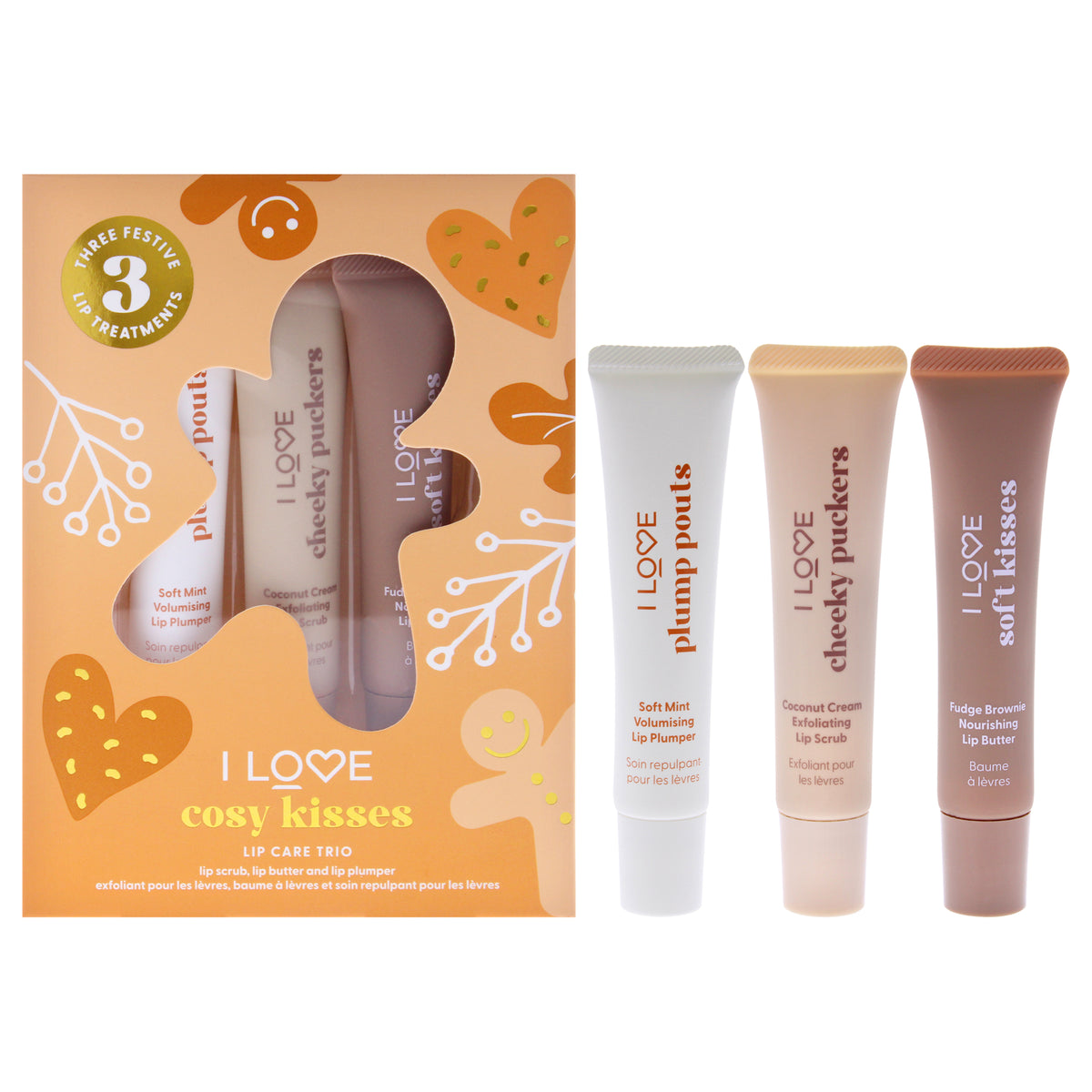 Cosy Kisses Lip Care Trio by I Love Cosmetics for Women  3 Pc 05oz Cheeky Coconut Cream Exfolianting Lip Scrub  05oz Soft Kis