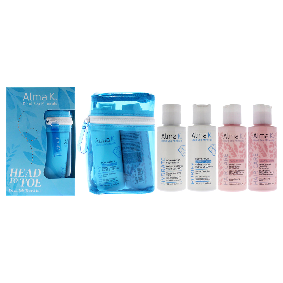 Head to Toe Essentials Travel Kit by Alma K for Women  4 Pc 338oz Moisturizing Body Lotion  338oz Silky Smooth Shower Cream  