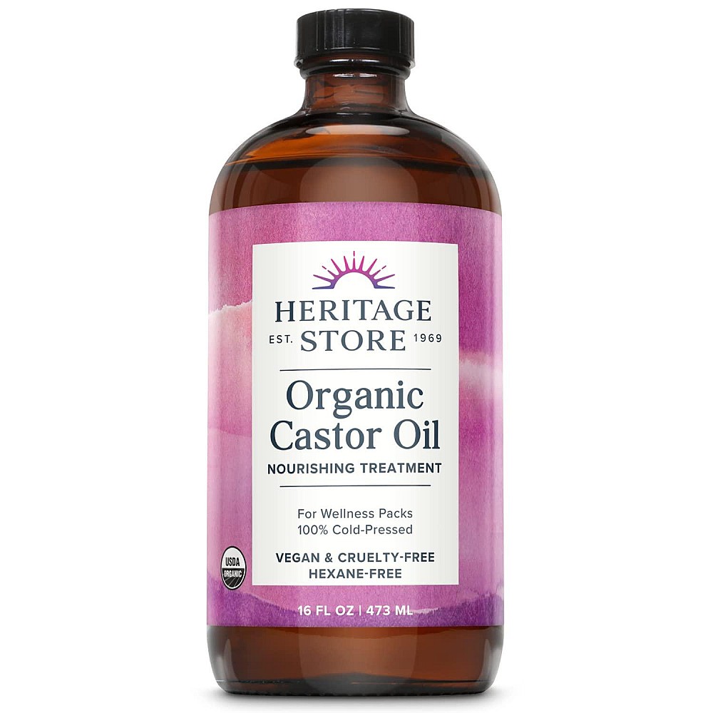 Heritage Store Organic Castor Oil, Nourishing Hair Treatment, Deep Hydration for Healthy Hair Care, Skin Care, Eyelashes & Brows, Castor Oil Packs, Cold Pressed, Hexane Free, Vegan, Cruelty Free, Glass Bottle, 16oz