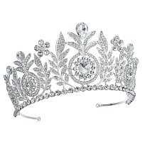 Floral Clear Austrian Crystal Rhinestone Hair Tiara Crown Wedding Rhodium-Plated Gold-Plated T12155 (Rhodium-Plate)