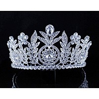 Floral Clear Austrian Crystal Rhinestone Hair Tiara Crown Wedding Rhodium-Plated Gold-Plated T12155 (Rhodium-Plate)