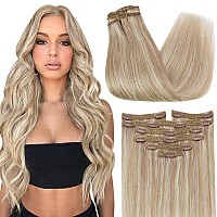 Sunny Clip in Hair Extensions Real Human Hair Highlights Blonde Clip in Human Hair Extensions Rose Blonde Highlighted Bleach Blonde Real Hair Extensions Peach Blonde 7pcs 120g 18inch