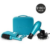 NuMe Blowout Boutique - Ionic Bold Hair Dryer and Accessories - Diffuser, Concentrator, 32mm Ionic Round Brush, Microfiber Hair Wrap, 2 Styling Clips, Travel Case, Turquoise
