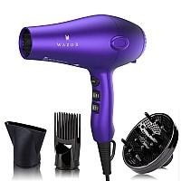 Matte Purple Hair Dryer with Diffuser 1875W Powerful Fast Drying Negetive Ion Blow Dryer Strong Air Flow 2 Speed & 3 Heat Settings DC Motor Plus Concentrator and Comb