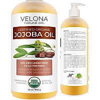 velona Jojoba Oil USDA Certified Organic - 32 oz (With Pump) | 100% Pure and Natural Carrier Oil| Golden, Unrefined, Cold Pressed, Hexane Free | Moisturizing Face, Hair, Body, Skin Care, Cuticles