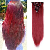 Womens 18 Clips 8pcs Full Head Hair Extensions 26 Inch Long Straight Dark Red Hairpiece