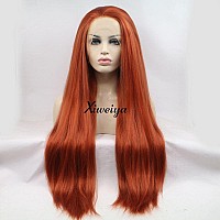 Xiweiya Copper Red Long Straight Yaki 360 Synthetic Lace Front Wigs Soft Red Hair Heat Resistant Fiber Hair for Women , Drag Queen Cosplay 24 I nches