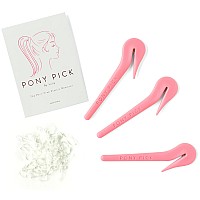 THE PONY PICK By Lolly - Elastic Rubber Bands Cutter for Hair - Elastic Hair Band Remover - Pain Free - Easy Removal - 3 Pack of Pink Pony Picks & 50 Clear Hair Elastics, Easy Grip Tools & Accessories