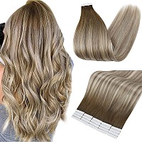 Fshine Tape in Human Hair Extensions 20 Pieces 50 Gram Balayage Human Hair Tape in Extensions Color 3 Brown Roots Fading to 6 and 22 Highlighted Blonde Tape in Hair Extensions Human Hair 14 Inch