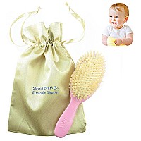 Bass Baby BS27 Hair Brush,100% Pure Soft White Natural Bristles and Gold Satin Brush Travel Bag. For Newborns Infants and Toddlers with Fine Hair. Detangle Hair, Massage and Stimulate the Scalp (Pink)