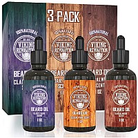 Viking Revolution Beard Oil Conditioner 3 Pack - All Natural Variety Set - Sandalwood, Pine & Cedar, Clary Sage Conditioning and Moisturizing for a Healthy Beard