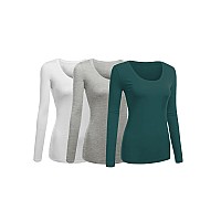 Emmalise Womens Junior And Plus Size Basic Scoop Neck Tshirt Long Sleeve Tee, 1Xl, 3Pk White, Hgray, Green Teal