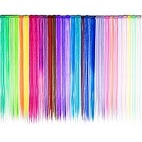 30 Pieces Colorful Hair Extensions Clip in Party Hairpiece, Heat Resistant Synthetic Hair Extensions on Double Weft Hair Extensions in Multiple Colors for Girls
