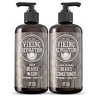 Viking Revolution Beard Wash & Beard Conditioner Set w/Argan & Jojoba Oils - Softens, Smooths & Strengthens Beard Growth - Natural Peppermint and Eucalyptus Scent - Beard Shampoo w/Beard Oil (17 oz)