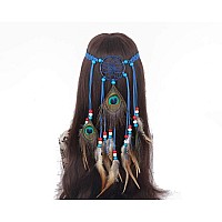 Suoirblss Tribal Indian Fascinator Feather Hairband Dreamcatcher Headdress Hippie Headpiece Headwear Handmade Hair Accessories Bohemian Peacock Feather Headband forGirls Women Lady (Blue)