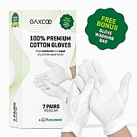 Gaxcoo | 100% Premium Cotton Moisturizing Gloves for Dry Hands & Eczema | Overnight Lotion, Sleep & Spa Treatment for Women & Men | Reusable, Washable - Free Washing Bag, Wristband (White - 7 Pairs)