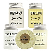 Terra Pure Hotel Soaps and Toiletries Bulk Set | 1-Shoppe All-In-Kit Amenities for Hotels | 1oz Hotel Shampoo & Conditioner, Body Wash, Body Lotion & 1.25oz Bar Soap Travel Size Toiletries | 75 Pieces