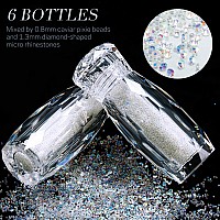 6 Bottles Diamonds Micro Caviar Beads Micro Pixie Beads Nail Beads Gravel Nail Stone Crystal Rhinestones Nail Decorations for DIY 3D Nail (AB Color)