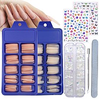 AddFavor 200pcs Coffin Press on Nails Long Full Cover Acrylic Fake Nails Ballerina False Nail Tips with Chunky Glitter and Sticker Decals for Women Teen Girls Fingernail Design Manicure