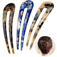 HYFEEL French Hair Forks Tortoise Shell U Shape Updo Hair Pins Clips for Thin Thick Hair, 4.3 inch Classic Cellulose Acetate 2 Prong Bun Hair Sticks Chignon Women Vintage Hairstyle Accessories, 3 Pack