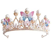 YOVECATHOU Girls Tiara Butterfly Princess Crown Gold Pearl Headband Rhinestone Hairpiece for Halloween Costume Wedding Bridal Prom Birthday Party Cosplay Christmas Gifts