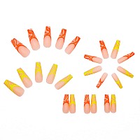 IMSOHOT Coffin Press on Nails Long Matte Fake Nails with Nail Glue French Fluorescent Ballerina False Nails 24Pcs Full Acrylic Nails for Women and Girls