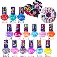Townley Girl Barbie Non-Toxic Peel-Off Quick Dry Nail Polish Activity Makeup Set for Girls, Ages 3+ includes 15 PK Nail Polish with Nail Gems Wheel and Nail File for Parties, Sleepovers and Makeovers