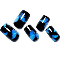 Press on Nails Short Square Shape, Black Fake Nails with Design Blue Y2K Butterfly Medium Glue on Nails for Women UV Gel Acrylic False Nail Kits Reusable Stick on Nails Full Cover Static Nails by GLAMERMAID, 24 Pcs