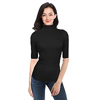 V28 Women Turtle Neck Half Cute Knitted Fitted Fashion Pullover Sweater Tops(2X,Half Black)