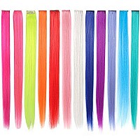 OneDor 23 Inch Colored Party Highlights Straight Hair Clip Extensions. Heat-Resistant Synthetic Hair Extensions in Multiple Colors (Full Color Set 12 Pcs)