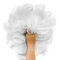 Shower Loofah on a Stick Body & Back Scrubber - Long Handled Mesh Bath Sponge Pouf Luffa Brush on a Stick with a Wood Handle for Men & Women - Easy Reach Body Wash & Lotion Applicator