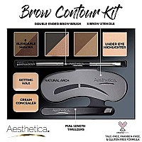 Aesthetica Brow Contour Kit 16-Piece Eyebrow Makeup Palette Set 6 Eyebrow Powders, 5 Eyebrow Stencils, Spoolie/Brush Duo, Tweezers, Eye Brow Wax, Highlighter - Unique Gifts For Women For Her Birthday