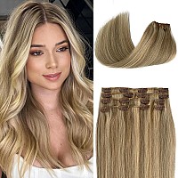 Real Hair Extensions clip in Human Hair Beige Blonde Mix Bleach Blonde Highlights clip in Hair Extensions Licoville Fine Remy Hair Blonde Highlight Human Hair Extensions clip ins for Women 70g 7pcs