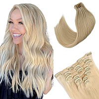 clip in Hair Extensions 60 Platinum Blonde Remy Human Hair Extensions 70grams 7pcs Double Weft Silky Straight Blonde Real Hair Extensions clip on 18 Inch 2-3 Sets for Full Head