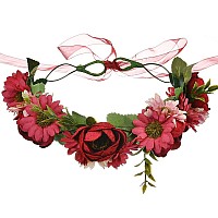 Vivivalue Floral Halo Boho Flower Headband Floral Crown Headpiece Hair Wreath With Ribbon Wedding Party Prom Photos Festival Red