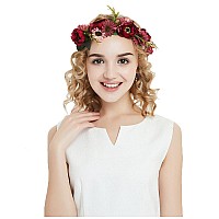 Vivivalue Floral Halo Boho Flower Headband Floral Crown Headpiece Hair Wreath With Ribbon Wedding Party Prom Photos Festival Red