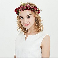 Vivivalue Floral Halo Boho Flower Headband Floral Crown Headpiece Hair Wreath With Ribbon Wedding Party Prom Photos Festival Red