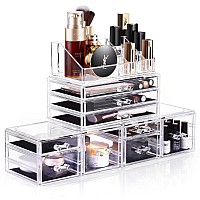 Dreamgenius Makeup Organizer 4 Pieces Acrylic Makeup Storage Box with 9 Drawers for Lipstick Jewerly and Makeup Brushes, Stackable Vanity Oragnizer for Dresser and Bathroom countertop, clear