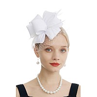 Myjoyday Womens Fascinators Hat for Tea Party church cocktail, Feathers Veil Headband with Hair clip (White)