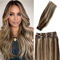 Hair Extensions Real Human Hair, clip in Hair Extensions Brown Mixed Blonde Highlights 22 Inch Double Weft Hair Extensions clip in Human Hair Bleach Blonde Highlighted Medium Brown 70grams 7pcs