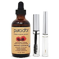 PURA D'OR Organic Castor Oil (4oz + 2 BONUS Pre-Filled Eyelash & Eyebrow Brushes) 100% Pure, Cold Pressed, Hexane Free Growth Serum For Fuller, Thicker Lashes & Brows, Moisturizes & Cleanses Skin