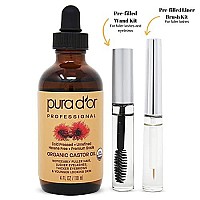 PURA D'OR Organic Castor Oil (4oz + 2 BONUS Pre-Filled Eyelash & Eyebrow Brushes) 100% Pure, Cold Pressed, Hexane Free Growth Serum For Fuller, Thicker Lashes & Brows, Moisturizes & Cleanses Skin